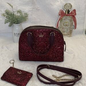 kate spade Burgundy Glitter Dome Satchel with Matching Card Pouch